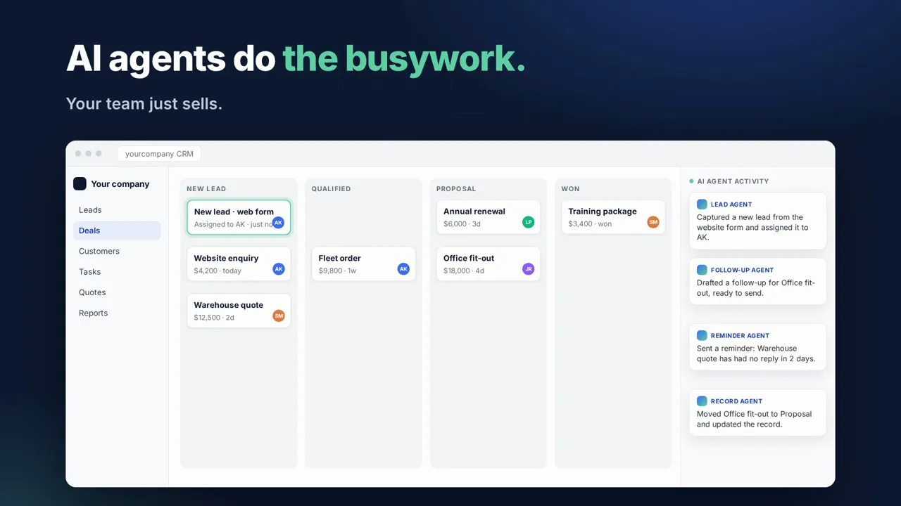 OpsKnot CRM board with AI agents capturing leads, drafting follow-ups and sending reminders
